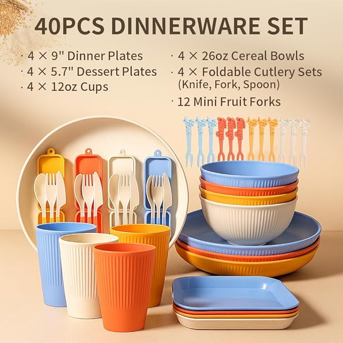 Wheat Straw Dinnerware Sets for 4, Unbreakable Dish Sets Wheat Straw Plates, Bowls, Cups Sets with Utensils, Camping Plates Set with Cups & Bowls, BPA-Free Microwave & Dishwasher Safe Dishware