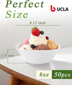 bUCLA 50Pack White Plastic Small Bowls - 8oz Disposable Ice Cream/Salsa/Dipping/Dessert/Sauce/Small Serving Bowls for Party