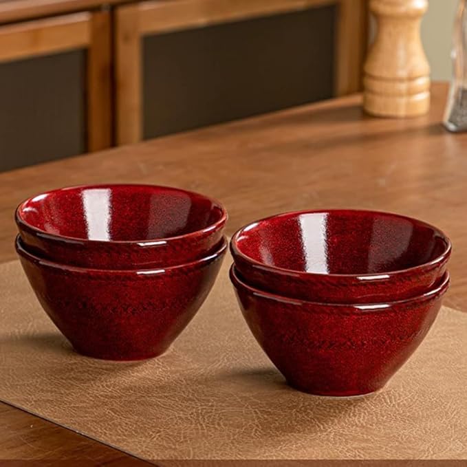 Ceramic Bowls Set of 4-11 OZ Small Bowl Set, Farmhouse Vintage Red Bowls 4.7 Inches Ramekins Bowl for Salad Dessert Yogurt Dipping Ice Cream Fruit Rice- Microwave Dishwasher Safe Retro Red