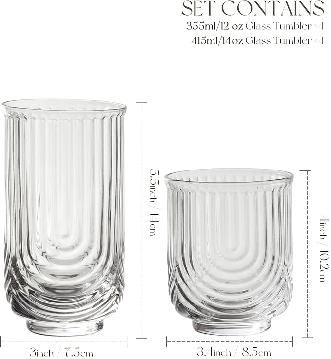 Art Deco Cocktail Glasses, Ribbed Drinking Glasses Set Of 8,14 oz Highball Glasses & 12 oz Cocktail Glasses Set, Kitchen Water Glasses Cup, Bar Tumbler Glassware Set for Beer, Juice, Whiskey, Milk