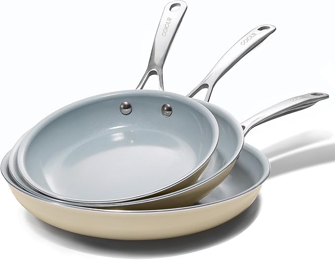 Nonstick Ceramic Frying Pans 8" 9.5" 11" Ceramic Skillets Set with Stainless Steel Handle Omelet Pans Healthy Cooking Chef Pans, PFOA Free, Cream White