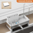 Laveshop Sponge Holder for Kitchen Sink, Rustproof Stainless Steel Sink Caddy with Auto-Drain, Removable Brush Holders, Soap and Dishcloth Organizer, White