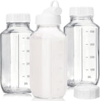 CUCUMI Glass Juice Bottles with Lids, 3 Pack Clear Glass Water Bottles with 1 Pour Spouts, 16 Oz Reusable Milk Jug with Airtight Caps and Scale for Juicing Containers