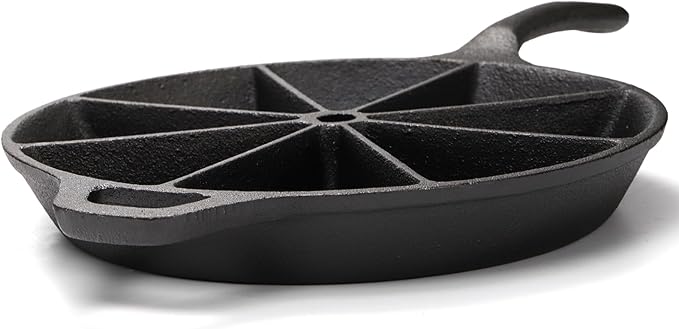 WUWEOT Cast Iron Wedge Pan, Round Corn Bread Skillet, 8-edges Biscuit Pan Mini Cake Pan with Long Handle for Scones, Corn Stick, Muffins, Cupcakes and Brownies