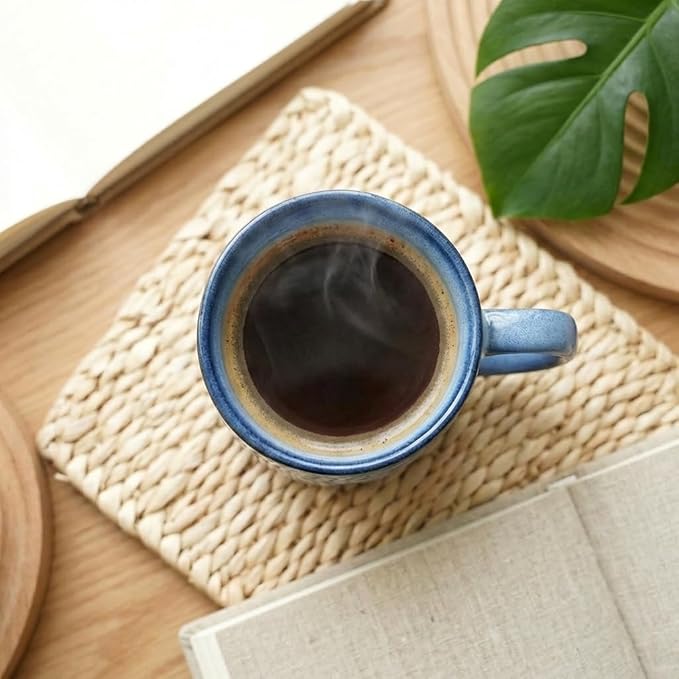 Bosmarlin Ceramic Coffee Mug Set of 4, 14 Oz, Coffee Cups with Big Handle, Microwave Safe, Unique Reactive Glaze (Blue, 14 Oz)