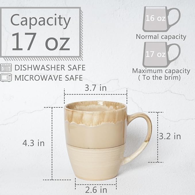 Bosmarlin Ceramic Coffee Mug Set of 4, 17 Oz, 5 Colors to Choose, Tea Cups, Dishwasher and Microwave Safe, Reactive Glaze (Brown Grey)