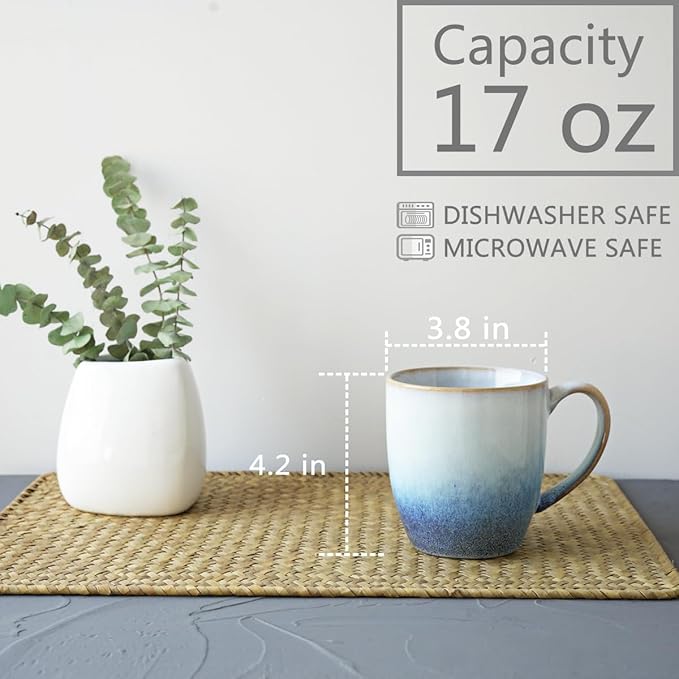 Bosmarlin Ceramic Coffee Mug Set of 4, 17 Oz, 3 Colors to Choose, Tea Cups, Dishwasher and Microwave Safe, Reactive Glaze… (17 Oz, Blue)