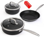 Pots and Pans Set Nonstick, 5-Piece Ceramic Cookware Set, Stainless Steel Handles, Induction Compatible & Oven Safe, Non Toxic Healthy Cooking Set for RV & Apartments, Matte Black