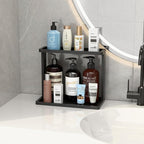 PEKER Bamboo Bathroom Organizer Countertop – Small Vanity Storage Shelf for Makeup, Perfume, Skincare – Natural Cosmetics Display Rack for Dresser, Sink, Kitchen –Black