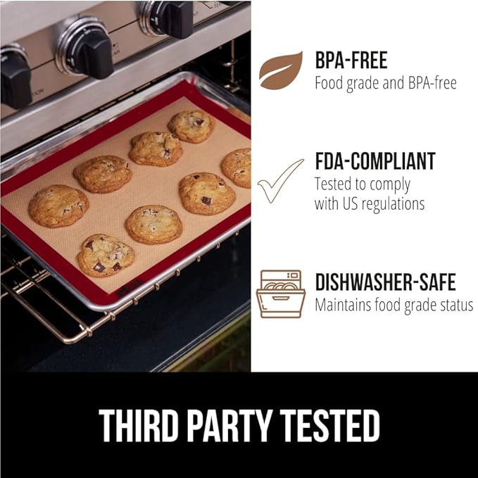 GORILLA GRIP Food Grade Reusable Nonstick Silicone Baking Mat, 16.5x11.87, Half Sheet 2PK, Oven Safe Cookie Sheet Liners, Up to 500 Degrees, No Mess Easy Clean Pastry Mats, Kitchen Essentials, Red