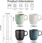 KOOV Ceramic Coffee Mug Set with Stand, 16 oz Coffee Mugs for Coffee, Tea, Cocoa, Stackable Ceramic Coffee Cup Set of 4, Large Mug Set of 4, Drinking Vessels for Women, Men (Blueset)