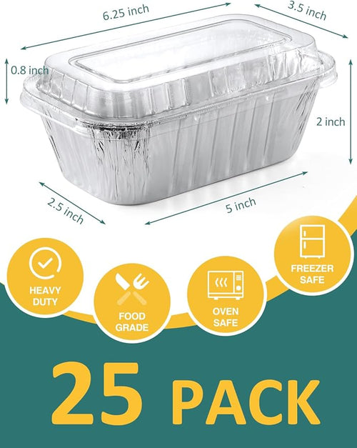 25 Pack 6x3.5x2 Disposable Aluminum Loaf Pans with Lids - 1 Lb Mini Loaf Pans, Small Aluminum Tin Foil Baking Pan, Food Containers for Baking, Cakes, Bread, Meat, Loaves