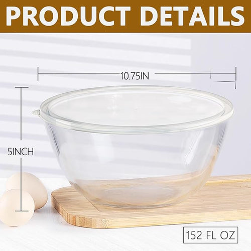 5 Quart Deep Big Glass Bowl with Lid,10 Inch Large Glass Mixing Bowl for Sourdough Bread Kitchen Salad Bread Storage, For Prepping, Marinating & Brining Kimch (clear)