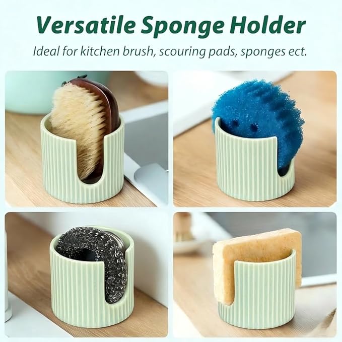 Ceramic Sponge Holder for Kitchen Sink, Quick Dry Sink Caddy Organizer with Non-Slip Base, Farmhouse Sponge and Brush Holder for Countertop, Bathroom or Kitchen, Vintage Green