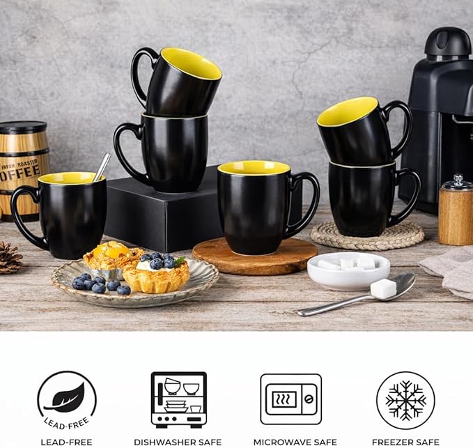 GBhome 12oz Coffee Mugs Set of 6, Large Ceramic Coffee Mugs for Man, Woman, Dad, Mom, Modern Coffee Mugs Set with handle for Tea/Latte/Cappuccino/Milk/Cocoa. Dishwasher&Microwave Safe,Yellow