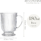 Large Ribbed Glass Coffee Mugs Set of 4,16 Oz Clear Espresso Mugs with Spoon, Glass Diner Cups with Handle Diner Latte Cup with Footed Base for Hot Beverages,Cappuccino Cups, Stylish Drinkware