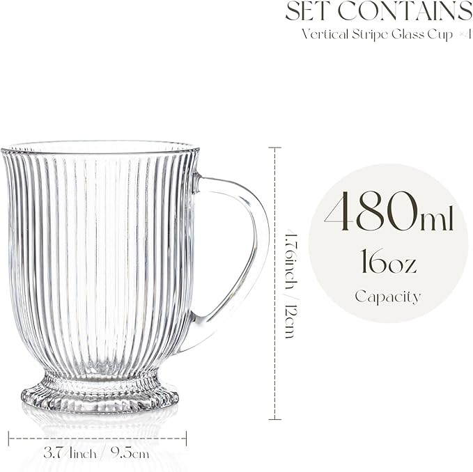 Large Ribbed Glass Coffee Mugs Set of 4,16 Oz Clear Espresso Mugs with Spoon, Glass Diner Cups with Handle Diner Latte Cup with Footed Base for Hot Beverages,Cappuccino Cups, Stylish Drinkware