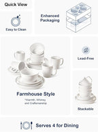 LE TAUCI Dinnerware Sets with Mugs for 4, Stoneware Plates and Bowls Set, Stackable, Microwave & Dishwasher Safe Ceramic Dishes, 16-Piece, White (10" Dinner & 8" Salad Plates, 6" Bowls, 18 oz Cups)
