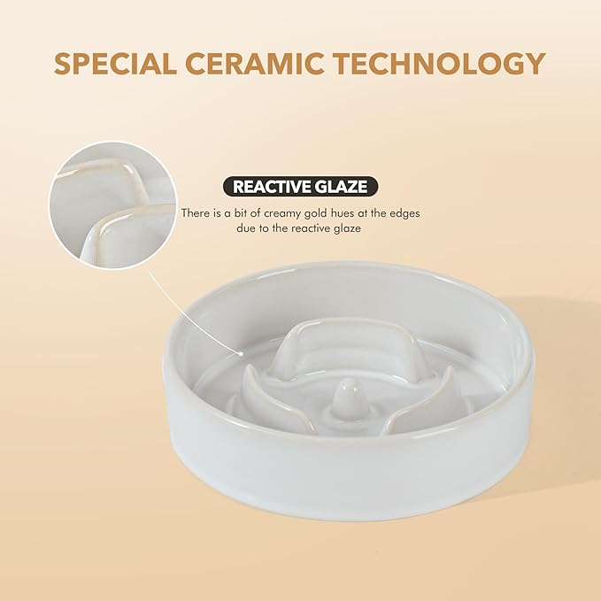 Havniva Ceramic 0.9 Cup Raised Slow Feeder Dog Bowl Set, Elevated 6.1inch Water Bowl and 6.1inch Slow Dish with Acacia Wood Stand for Small Dogs (2 x Reactived Glaze -White+ Stand)