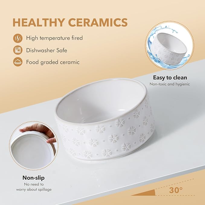 Havniva Ceramic 8.2inch Raised Double-Bowl Set with Acacia Wooden Stand, Food & Water Bowls for Large Breed Dogs, Weighted Dog Dishes, Pet Bowl (60 oz)