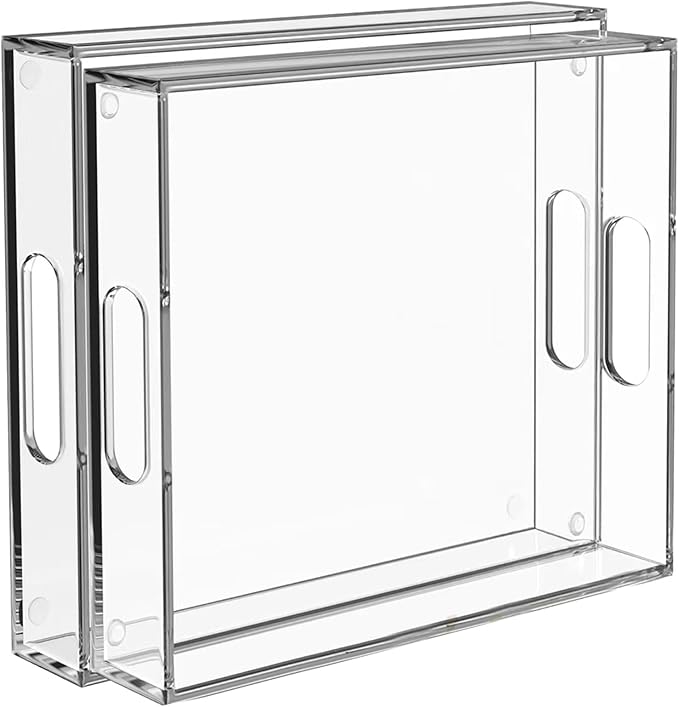 2 Pack Serving Tray with Handles, Clear Acrylic Tray for Serving Food, Large Outdoor Food Trays for Eating, Lucite Acrylic Trays for Appetizer, Pizza, Fruit and Drinks, Unbreakable, 16"×12"