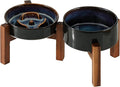 Havniva Ceramic 0.9 Cup Raised Slow Feeder Dog Bowl Set, Elevated 6.1inch Water Bowl and 6.1inch Slow Dish with Acacia Wood Stand for Small Dogs (2 x Starry Sky+ Stand)