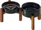 Havniva Ceramic 0.9 Cup Raised Slow Feeder Dog Bowl Set, Elevated 6.1inch Water Bowl and 6.1inch Slow Dish with Acacia Wood Stand for Small Dogs (2 x Starry Sky+ Stand)