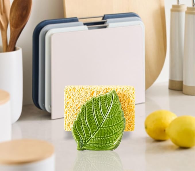 dgudgu Leaf Sponge Holder for Kitchen Sink – Teal Green Ceramic Sponge Caddy, Decorative Leaf Shaped Sink Organizer, Nature Inspired Kitchen Décor, Dishwasher Safe