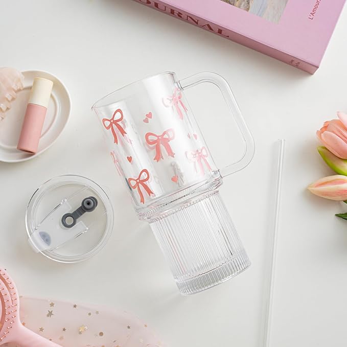 INSETLAN 26oz Cute Pink Bow Glass Cup with Lid and Straw, Girly Preppy Aesthetic Glass Tumbler with Handle, Birthday, Valentine’s & Christmas Gift for Women, Teens & Friends