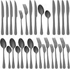 GPY Black Silverware Set with Steak Knives, 36-Piece Stainless Steel Flatware Set Service for 6, Titanium Plated Black Eating Utensils, Modern Mirror Finish Cutlery for Kitchen & Home