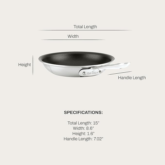 All-Clad D5 8 Inch Brushed Stainless Steel Pro Non Stick Frying pan, 5-Ply Stainless Steel Pan, Induction, Oven Broiler Safe 500F Skillet, Professional Cookware, Silver