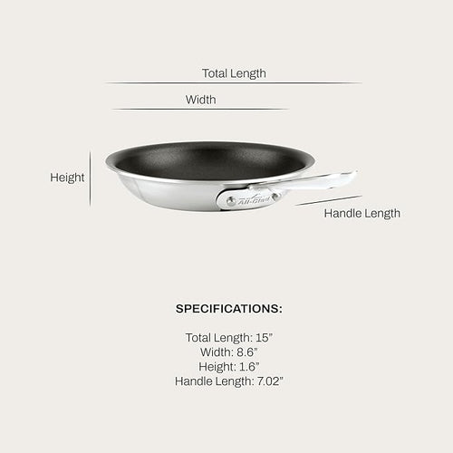 All-Clad D5 8 Inch Brushed Stainless Steel Pro Non Stick Frying pan, 5-Ply Stainless Steel Pan, Induction, Oven Broiler Safe 500F Skillet, Professional Cookware, Silver