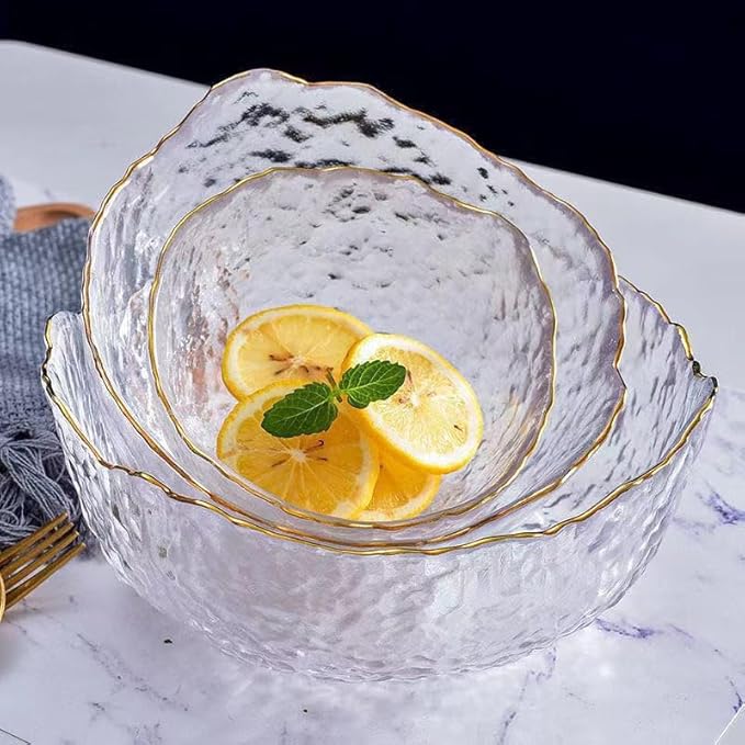 Glass Salad Bowl Irregular Lotus Flower Shape Serving Bowls, Mixing Nut Bowls for Kitchen Fruist, Snack, Dessert, and Ice Cream Candy Dishes (Crystal Clear with Gold Rim, Set of 3 (L,M,S))