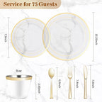 BESTVIP 450PCS Plastic Dinnerware Set (75 Guests), Clear Gold Disposable Plates for Party, Wedding, Christmas, Anniversary, Includes: Dinner Plates, Dessert Plates, Cups, Spoons, Forks and Knives