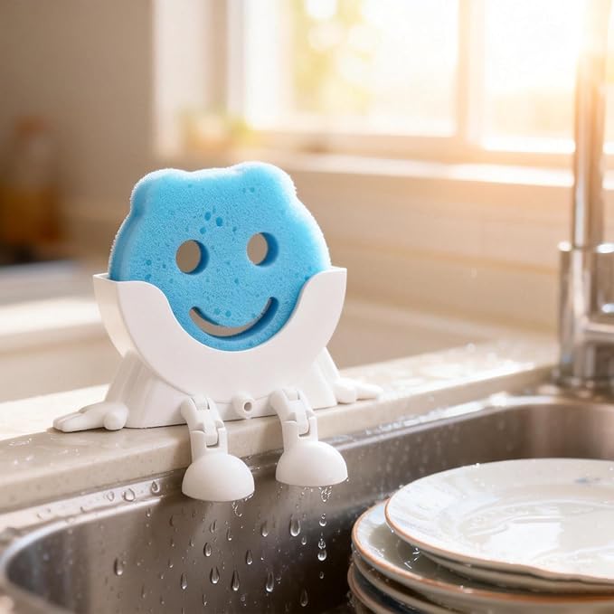 Cute Hanging Sponge Holder,Smiley Face Sponge Holder with Drainage Keeps Your Sponge Dry & Smiling,For Scrub Daddy Holder,Spac-Saving & Quick Drying Sponge Storage Organizer (black)