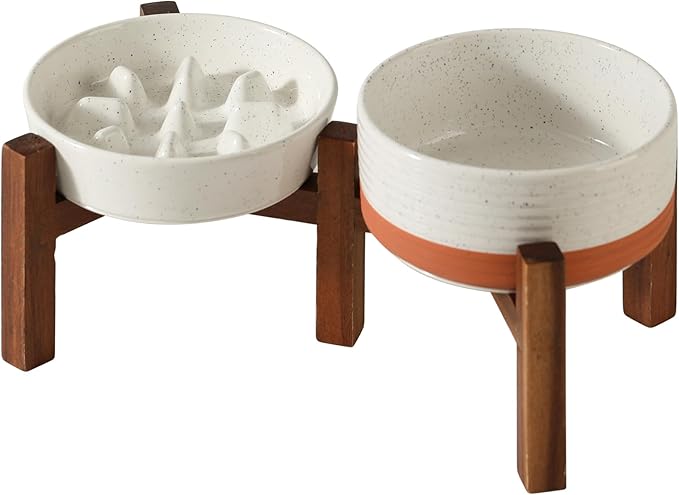Havniva Ceramic 0.9 Cup Raised Slow Feeder Dog Food and Water Bowl Set, Elevated 6.1inch Bowl and 6.1inch Dish with Acacia Wood Stand for Small Dogs(2 x Vanilla White+ Stand)