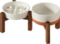 Havniva Ceramic 0.9 Cup Raised Slow Feeder Dog Food and Water Bowl Set, Elevated 6.1inch Bowl and 6.1inch Dish with Acacia Wood Stand for Small Dogs(2 x Vanilla White+ Stand)