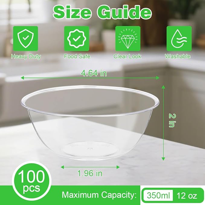 MOACOCK 100 Pack Small Clear Plastic Bowls, 12oz Hard Disposable Salad Bowls, Disposable Bowl for Party Serving, Ice Creams, Desserts, Catering, Special Events