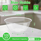 MOACOCK 100 Pack Small Clear Plastic Bowls, 12oz Hard Disposable Salad Bowls, Disposable Bowl for Party Serving, Ice Creams, Desserts, Catering, Special Events