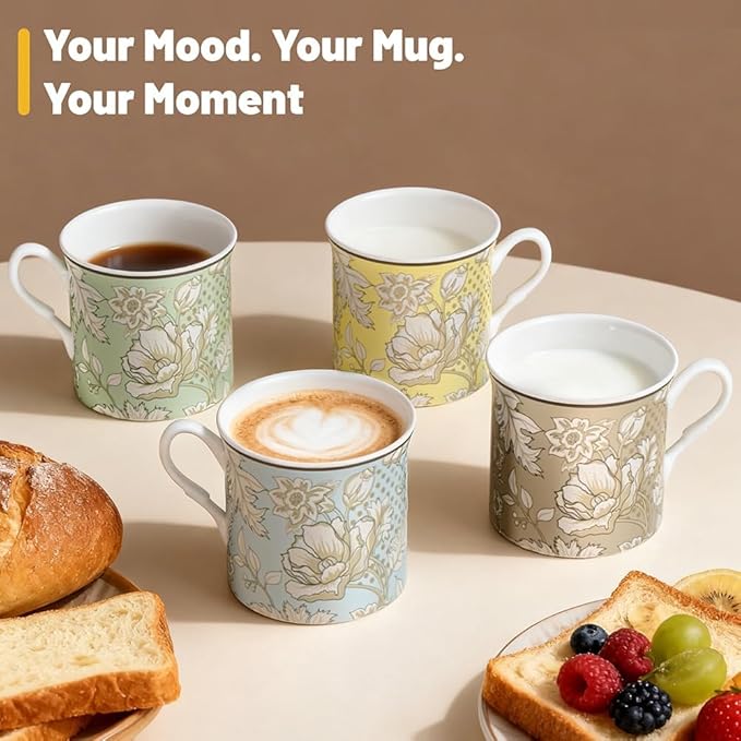 Ceramic Coffee Mugs Set of 4, 12 Oz Floral Pattern, Microwave and Dishwasher Safe, Comfortable Handles, Gifts for Women and Men, for Coffee, Tea, Latte, Cappuccino