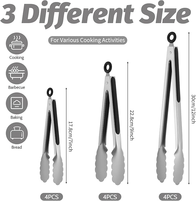 12 Pcs Stainless Steel Kitchen Tongs, 7/9/12 Inches Heat Resistant Cooking Tongs Heavy Duty Metal Locking Tong Non-Slip Metal Food Tong for Cooking Food Grill Salad BBQ