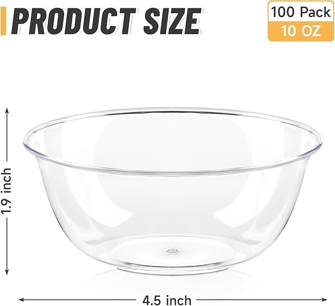 Qeirudu 10 oz Small Clear Plastic Bowls, 100 Pack Disposable Hard Plastic Party Serving Bowls for Salads, Ice Creams, Fruit, Desserts, Parfaits, Snacks