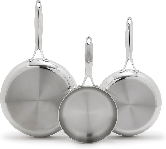 GreenPan Valencia Pro Tri-Ply Stainless Steel 8", 9.5" & 11" Frying Pan Skillet Set, Induction Ready, Mirror Finish, Dishwasher Safe & Oven/Broiler Safe to 600F, Compatible with All Cooktops