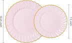 Lullaby 60PCS Pink Scalloped Plastic Plates with Gold Rim, Disposable Elegant Plates Include 30pcs Dinner Plate 10.25", 30pcs Dessert Plate 7.5", Perfect for Daily Use, Wedding and Party