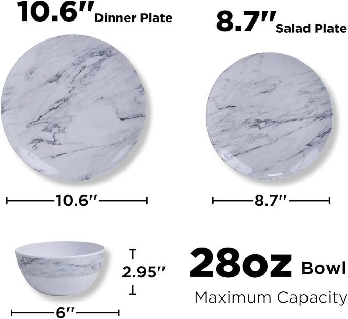 TP 12-Piece Melamine Dinnerware Sets, Plates and Bowls Dishes Set for 4, Break-Resistant & Non-Microwavable, Lightweight Dinner Plates, Marble Pattern