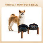 Havniva Ceramic 0.9 Cup Raised Slow Feeder Dog Bowl Set, Elevated 6.1inch Water Bowl and 6.1inch Slow Dish with Acacia Wood Stand for Small Dogs (2 x Starry Sky+ Stand)