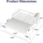 Kitsure Extendable Dish Drying Rack - Adjustable Length 12.8"–21.0", Auto-Draining Dish Rack for Kitchen Counter, Rust-Resistant Metal Frame Over-Sink Support for Plates, Bowls & Utensils, White