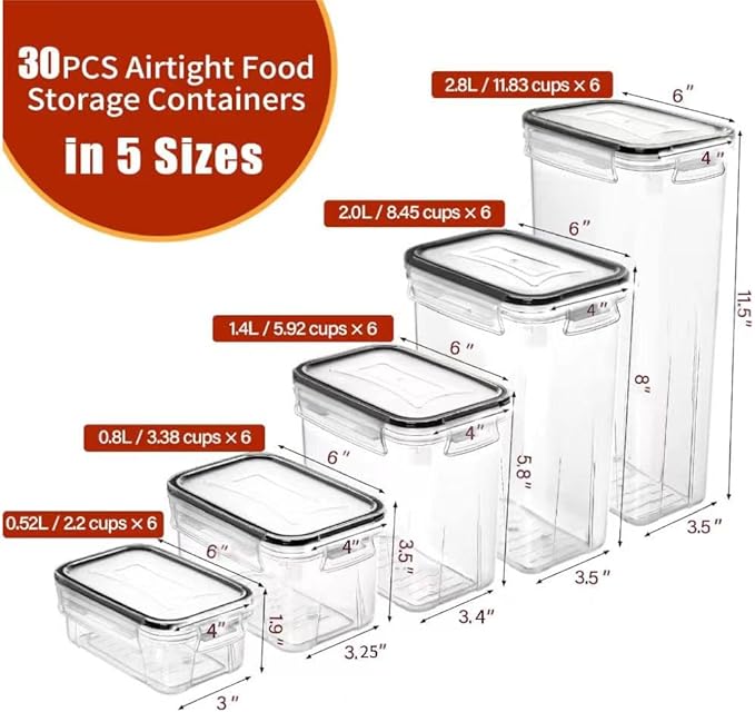 PRAKI 30 Pack Airtight Food Storage Containers for Kitchen Pantry Organizers and Storage, Plastic Kitchen Storage Canisters with Lids,Cereal, Flour & Sugar Containers - Labels, 6 Spoon & Marker