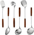 304 Stainless Steel Kitchen Utensils Set, 6 Pcs Long Cooking Utensils Set with Wooden Handle, Large Heat Resistant Kitchen Tools(Dishwasher Safe)