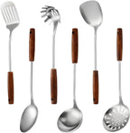 304 Stainless Steel Kitchen Utensils Set, 6 Pcs Long Cooking Utensils Set with Wooden Handle, Large Heat Resistant Kitchen Tools(Dishwasher Safe)